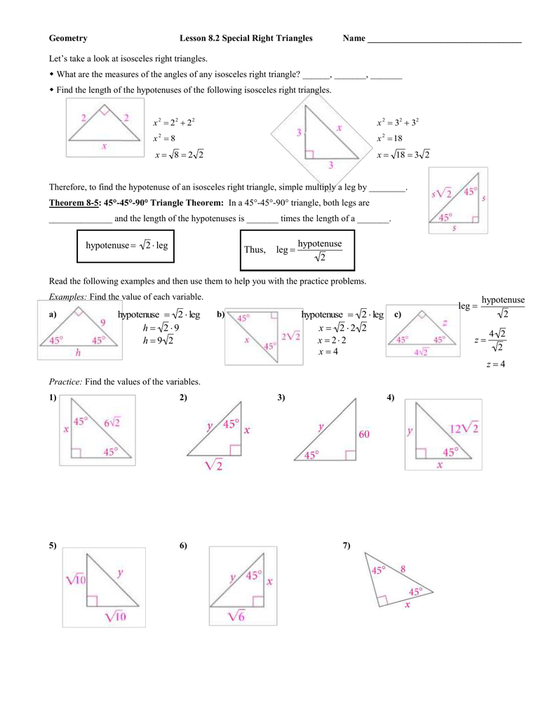8.2 special right triangles worksheet answers